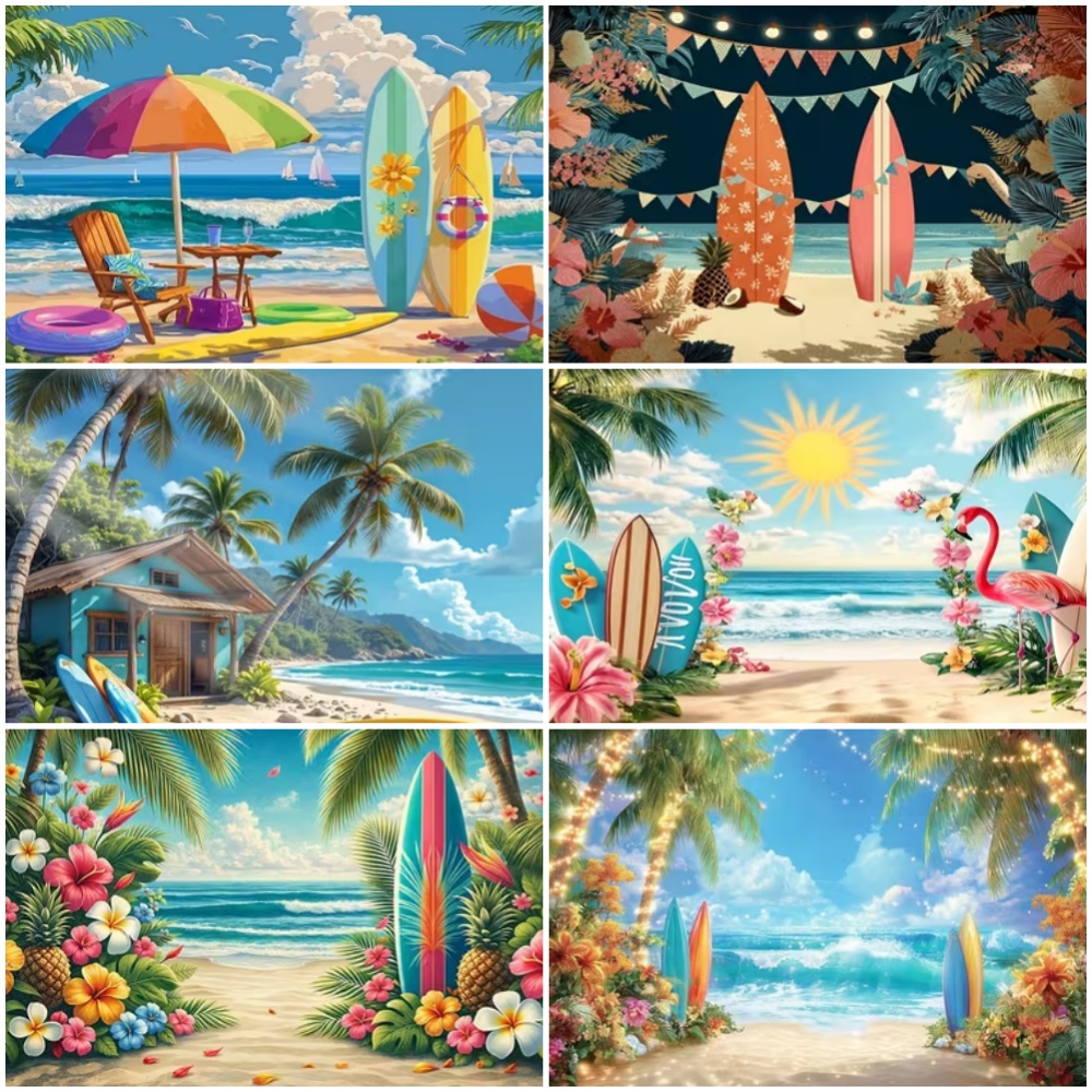 Outdoor Sport Background - 夏のサーフボードをテーマにした背景幕、ビーチ、海水、ヤシの木、海辺の休暇、パーティーの装飾背景、屋外スポーツバナー小道具