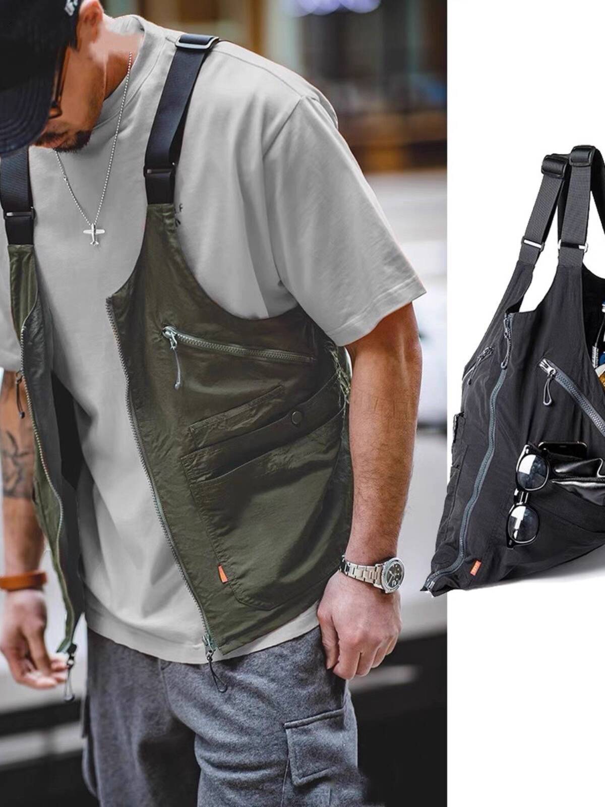 Outdoor Sport Jacket - レトロ機能的なカーゴベスト男性ルーズ日本製マルチポケットノースリーブジャケット屋外釣りハイキングアウター春秋