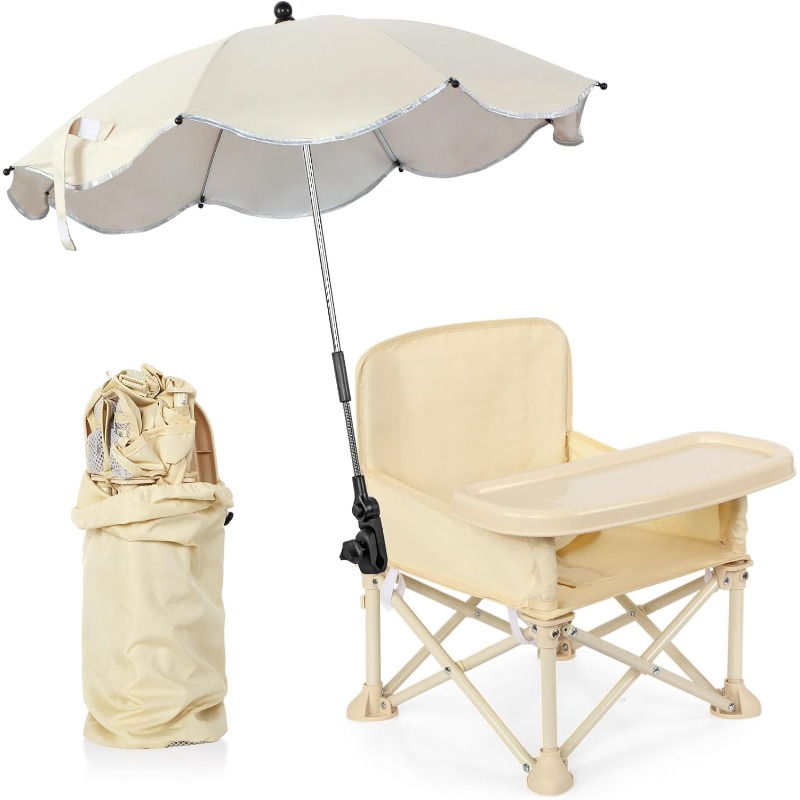 Outdoor Sport Chairs - ベビー用屋外ビーチチェア、傘付き背もたれポケット、シートベルト、折りたたみ式幼児用食事椅子、ダイニングテーブル、キャンプ、食事用
