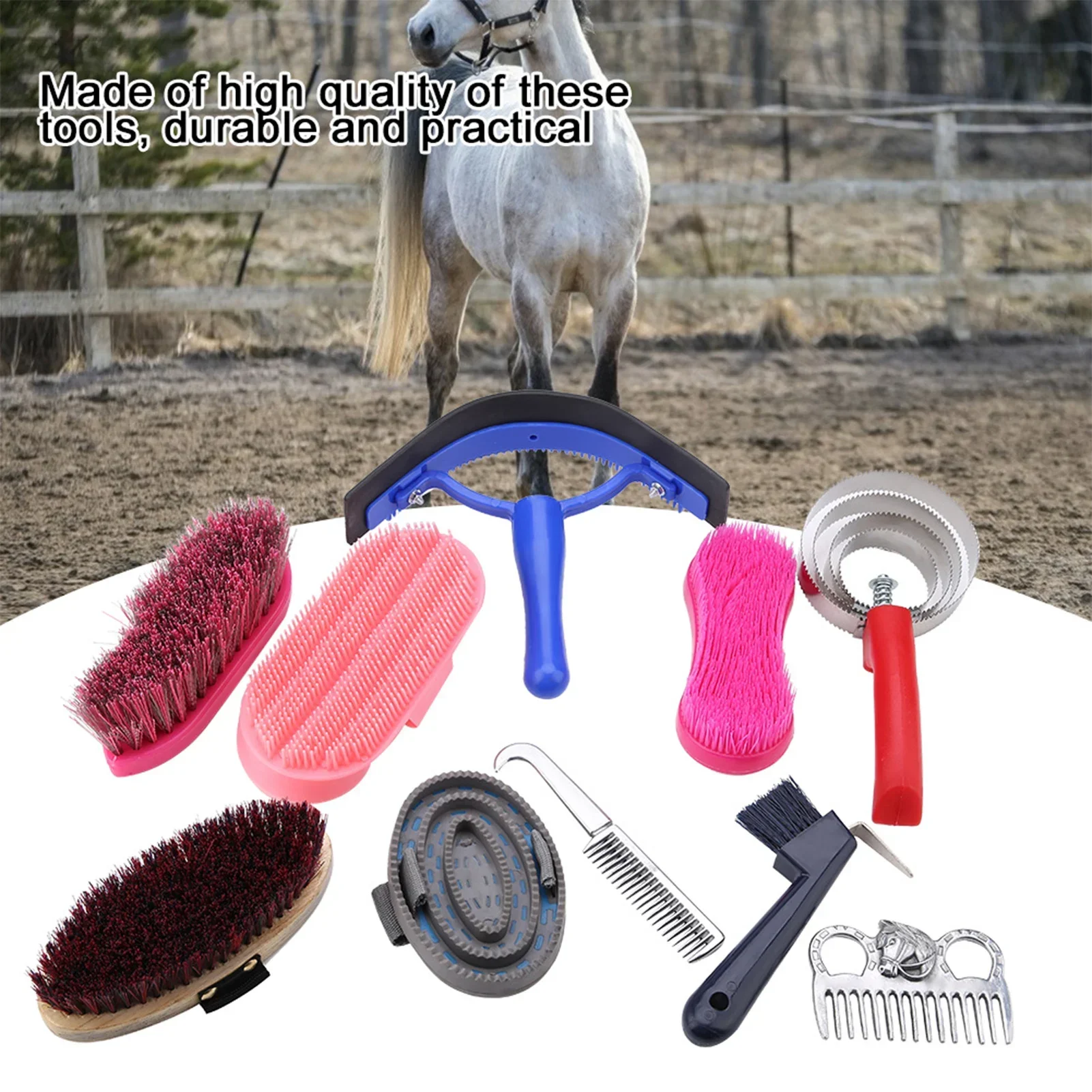 Grooming Kit Horse - 10個入り 馬の手入れケアキット 乗馬用ブラシ カリーコーム 馬の清掃ツールセット