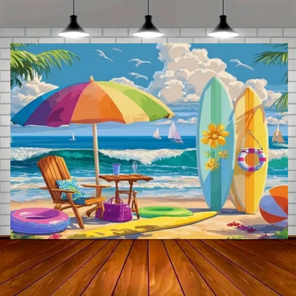 夏のサーフボードをテーマにした背景幕、ビーチ、海水、ヤシの木 - Outdoor Sport Background のレビューと価格