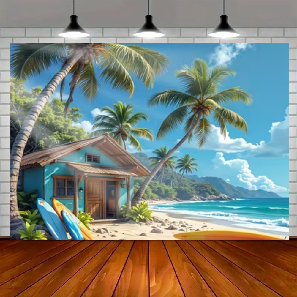 夏のサーフボードをテーマにした背景幕、ビーチ、海水、ヤシの木 - Outdoor Sport Background のレビューと価格