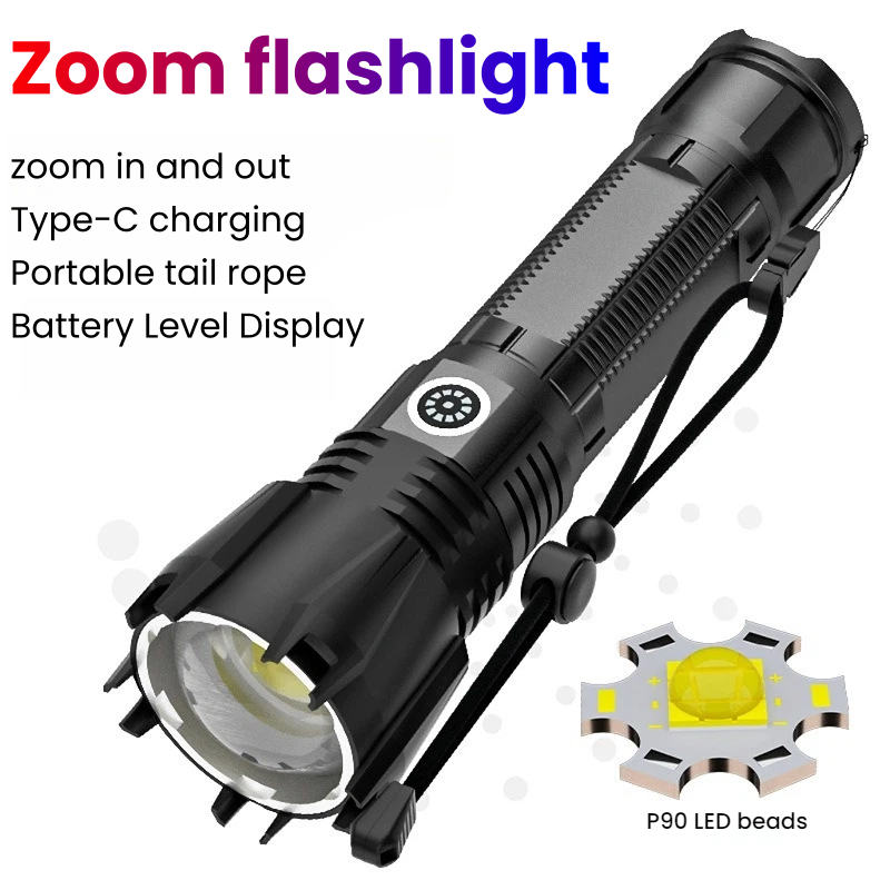 高出力 P90 LED 懐中電灯 TYPE-C 充電式ズーム - Outdoor Spotlight のレビューと価格