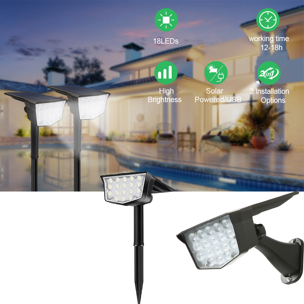 2個入りソーラー屋外スポットライト 700ルーメン 防水US - Outdoor Spotlight のレビューと価格